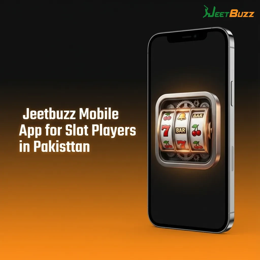 Smartphone showing Jeetbuzz mobile slot app interface with spin button, balance, and slot reels, aimed at players in Pakistan