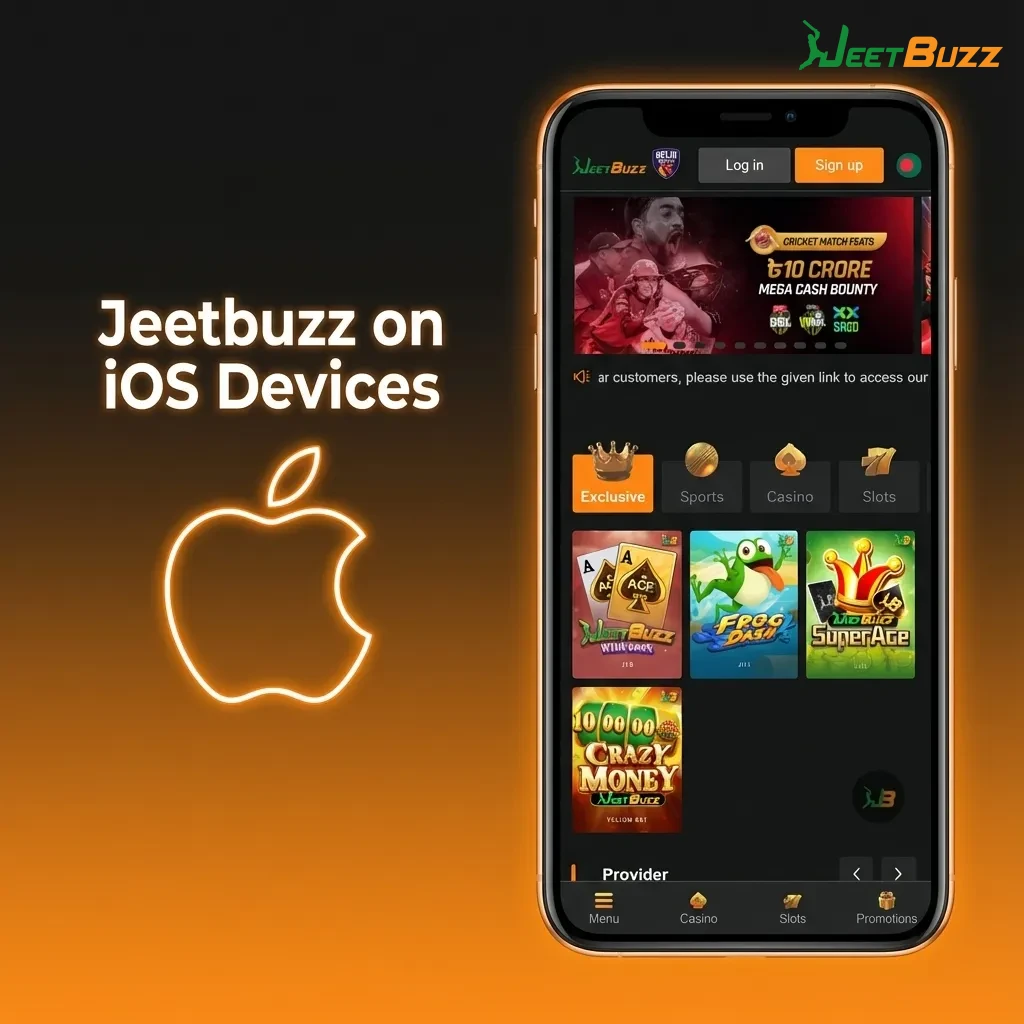 Illustration of Jeetbuzz on an iPhone, showing steps to add the betting site shortcut to the iOS home screen.