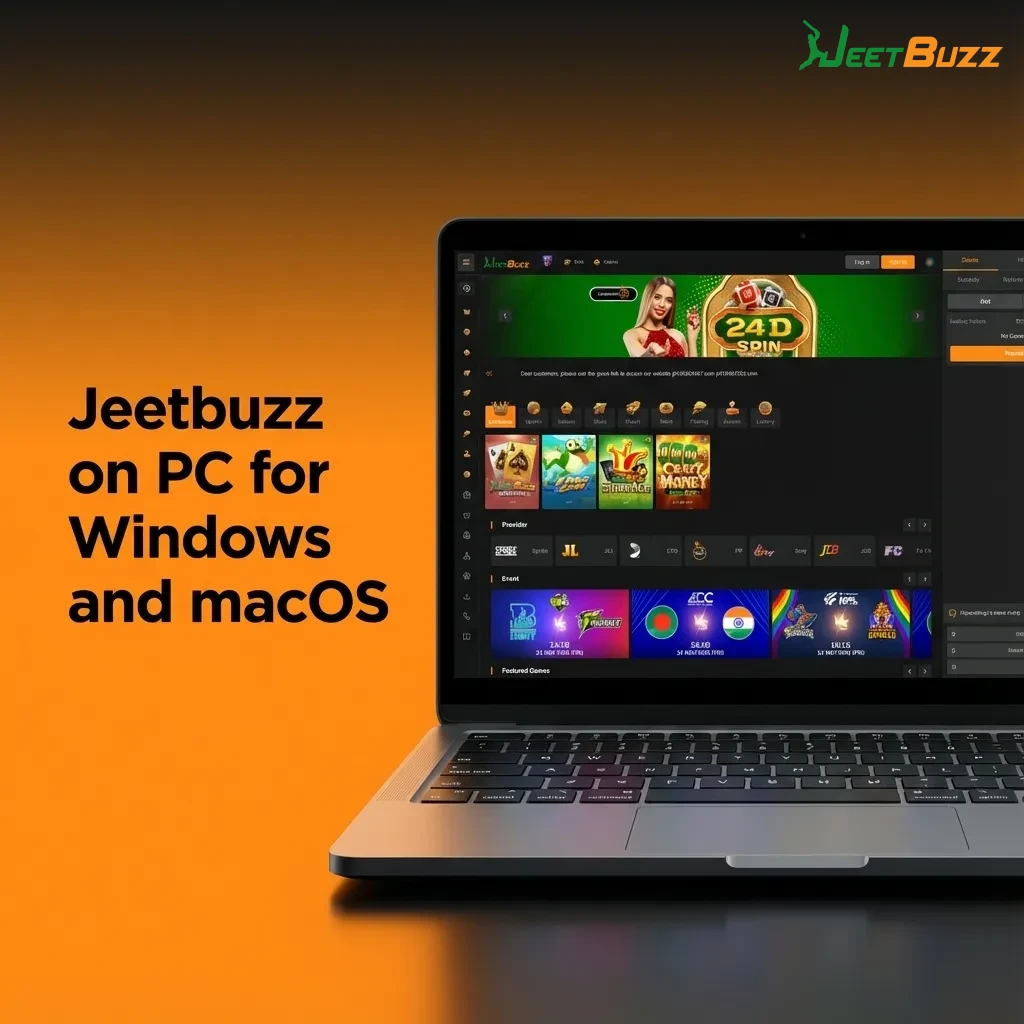Laptop showing Jeetbuzz website in a browser, highlighting sports betting, casino games, and account tools on desktop