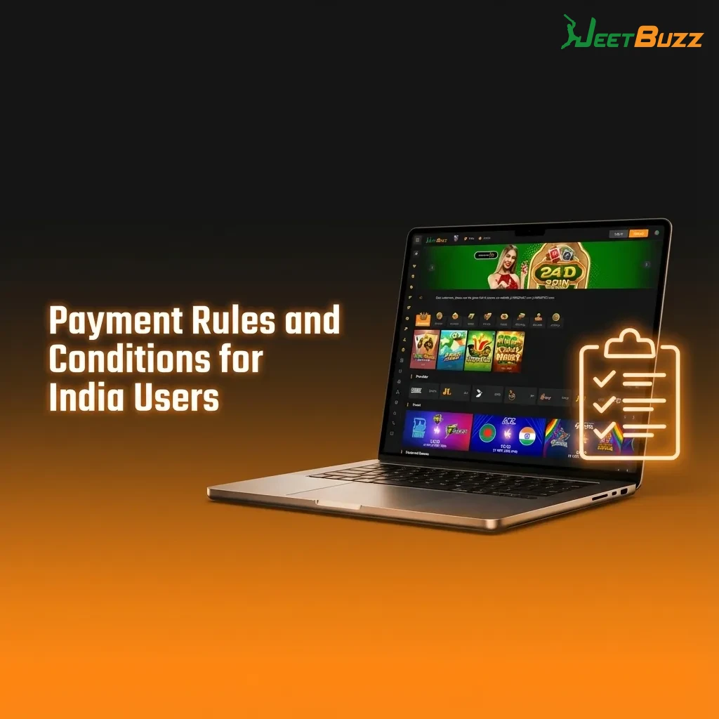 Infographic listing Jeetbuzz India payment rules: KYC, same-name methods, deposit–withdraw match, limits, and one account policy