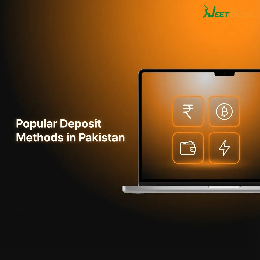Infographic titled “Popular Deposit Methods in Pakistan” showing icons for Easypaisa, JazzCash, Visa, Mastercard, and bank transfer.