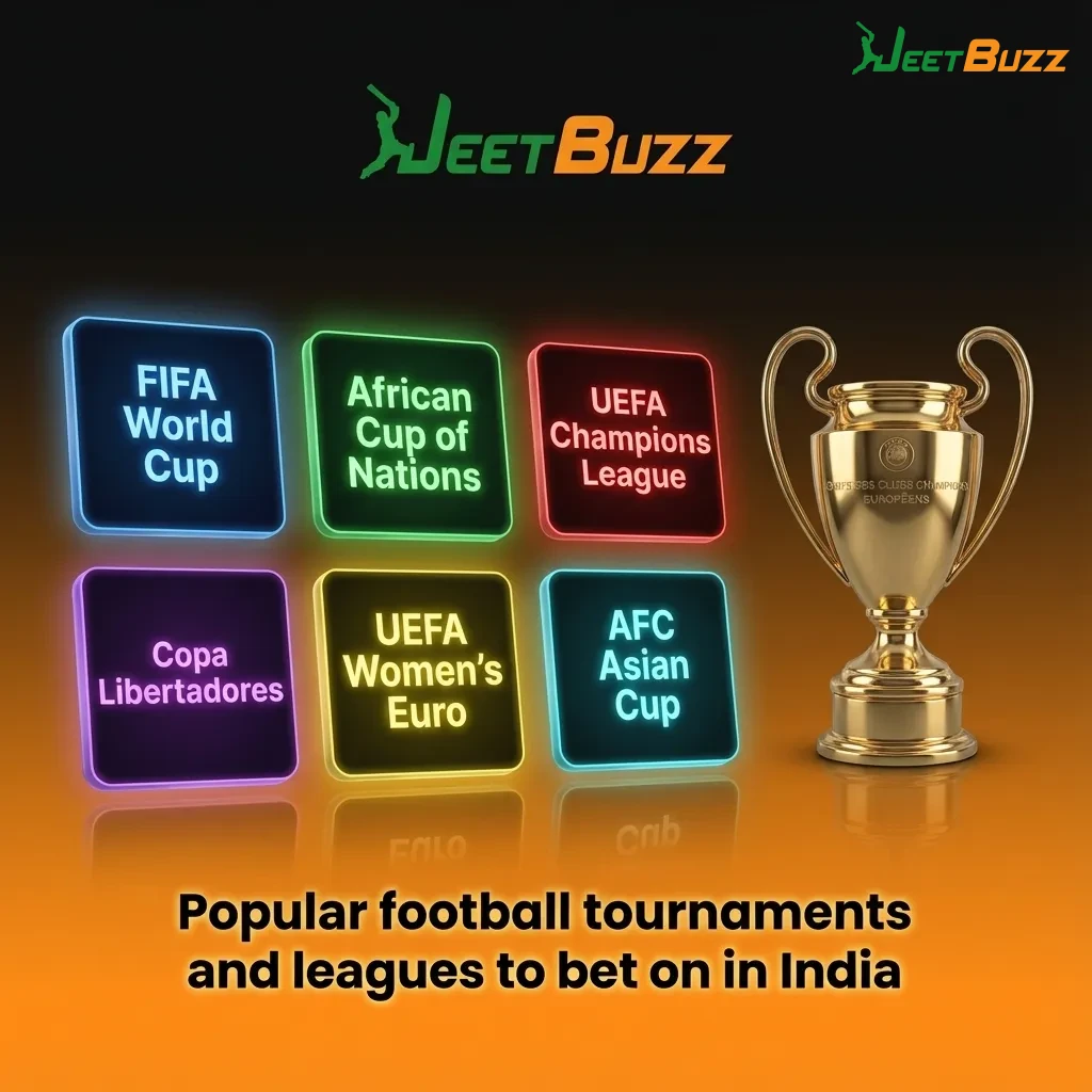 Collage of global and Indian football leagues and tournaments with betting odds and fixtures on a Jeetbuzz sports interface