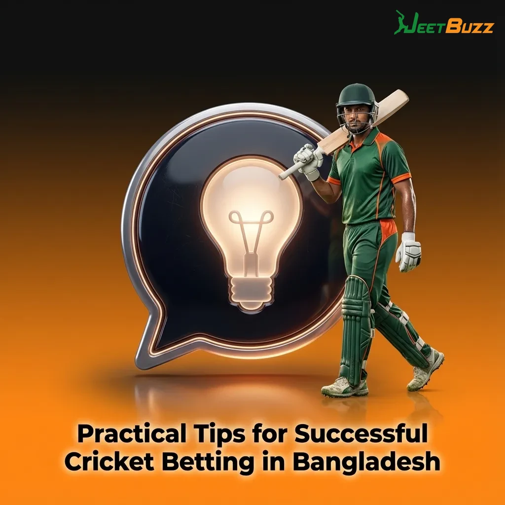 Infographic titled “Practical Tips for Successful Cricket Betting in Bangladesh” with icons for stats, pitch, bankroll, and data tools