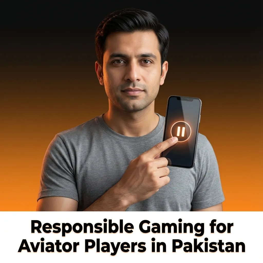 Illustration of a Pakistani Aviator player setting a budget, with warning icons about gambling risks and encouragement to seek help