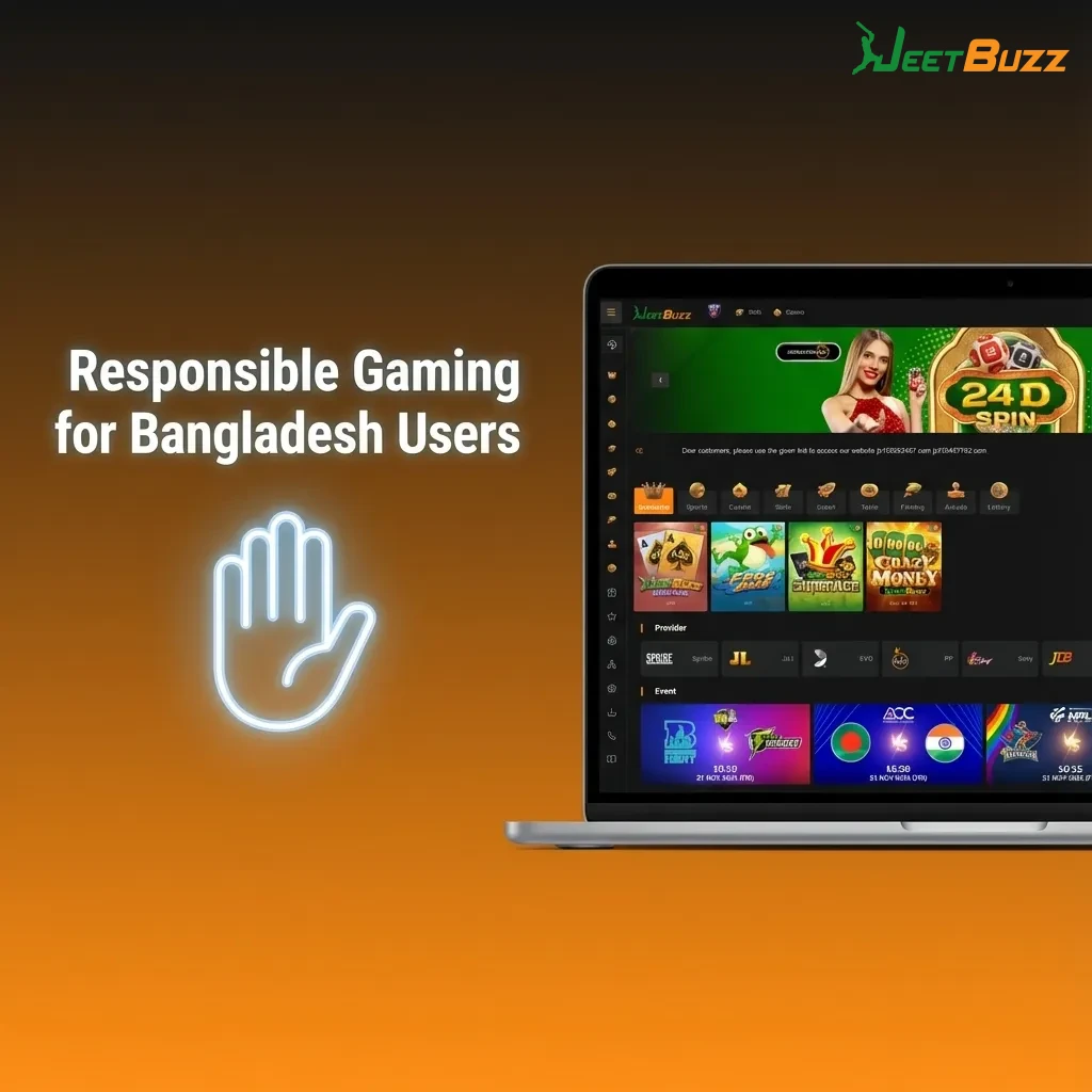 Illustration of Bangladeshi Jeetbuzz user practicing responsible betting with time, budget, and self‑control icons