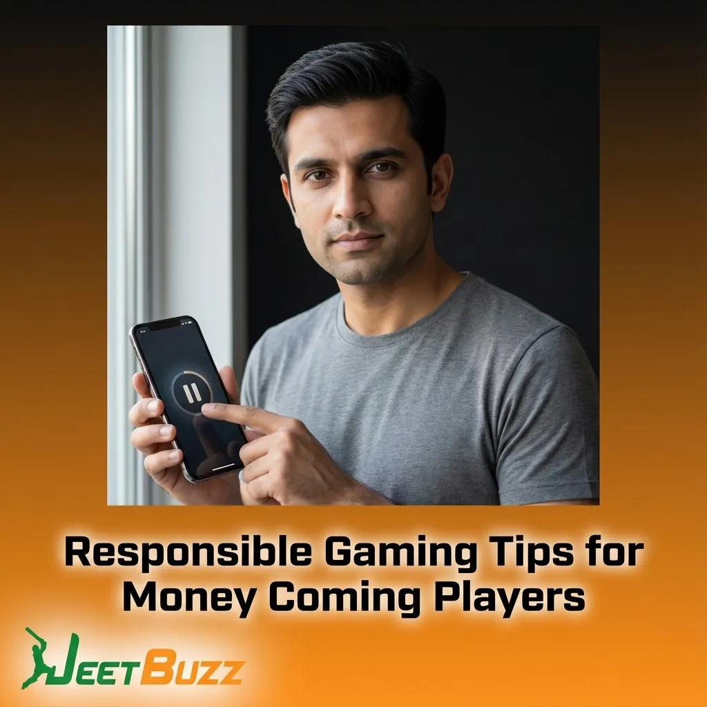 Illustration of a player setting a budget and limits on a gaming app, with warning icons about gambling risks and seeking support