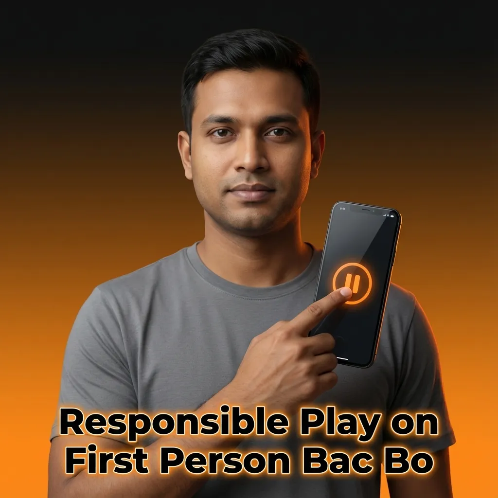 Illustration promoting responsible First Person Bac Bo play with budget limits, self-control tips, and mental health support reminders.