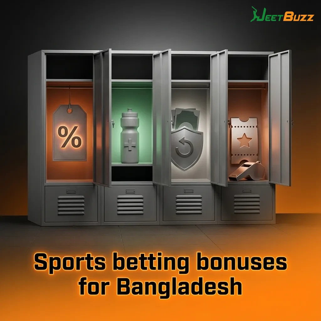 Bangladesh sports betting promo banner showing cricket, football and esports with refund, acca boost and cashback bonus offers