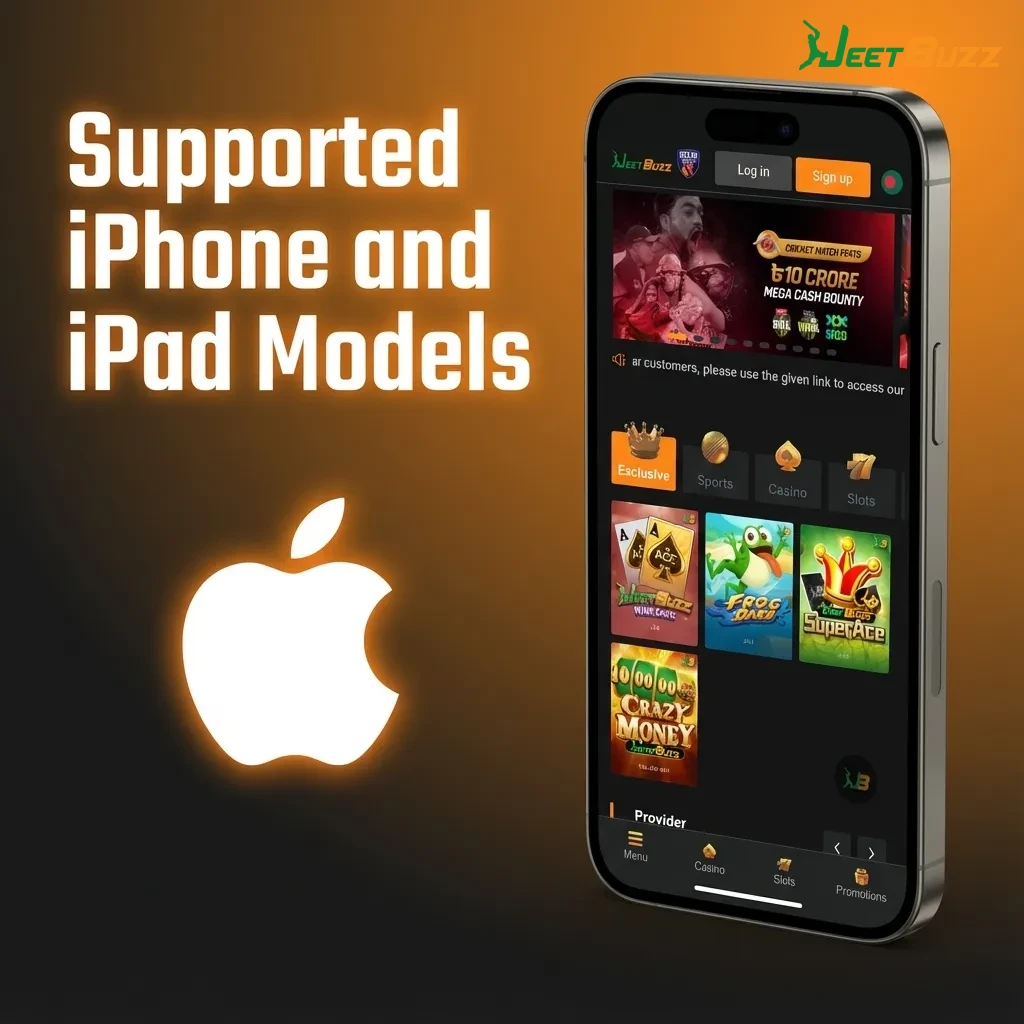 Graphic listing supported iPhone, iPad, and iPod touch models for using Jeetbuzz on iOS 11 and newer devices.