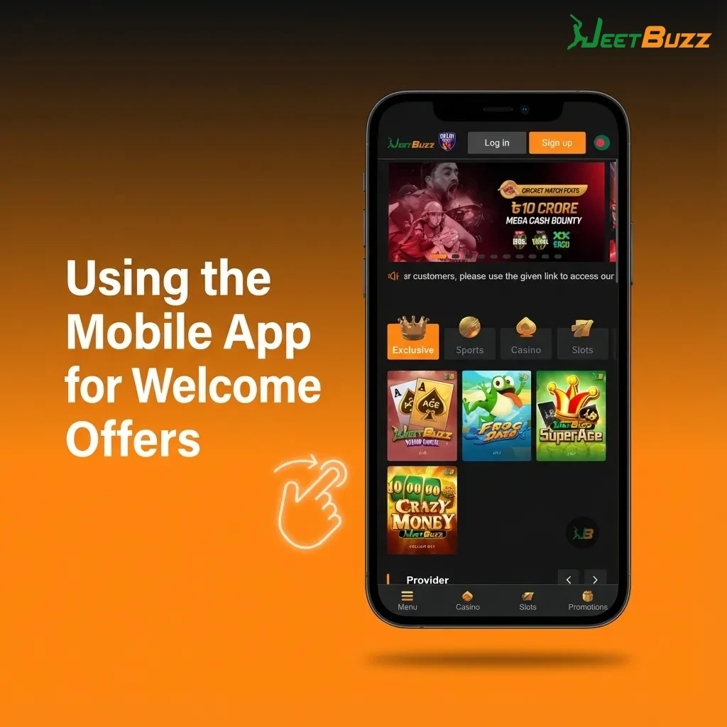 Pakistani user on Jeetbuzz mobile app viewing welcome bonus offers, including spins, cashback, and sports refund options