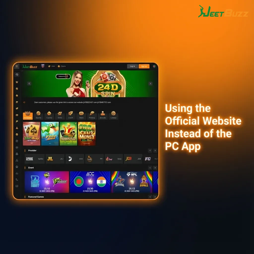 User on desktop browser viewing Jeetbuzz betting website instead of installing the PC app