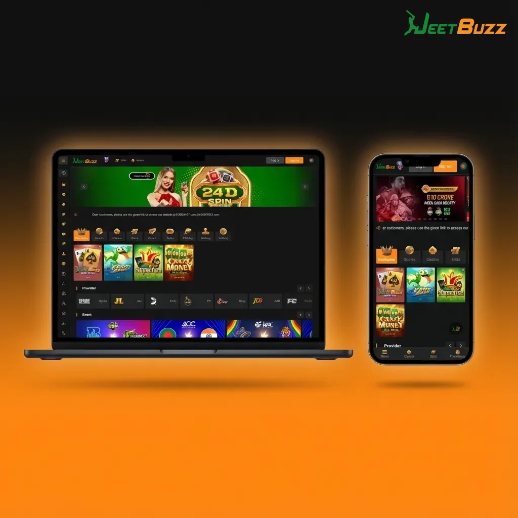 Jeetbuzz India website interface showing top navigation with sports, live betting, casino, esports, promotions, and account options