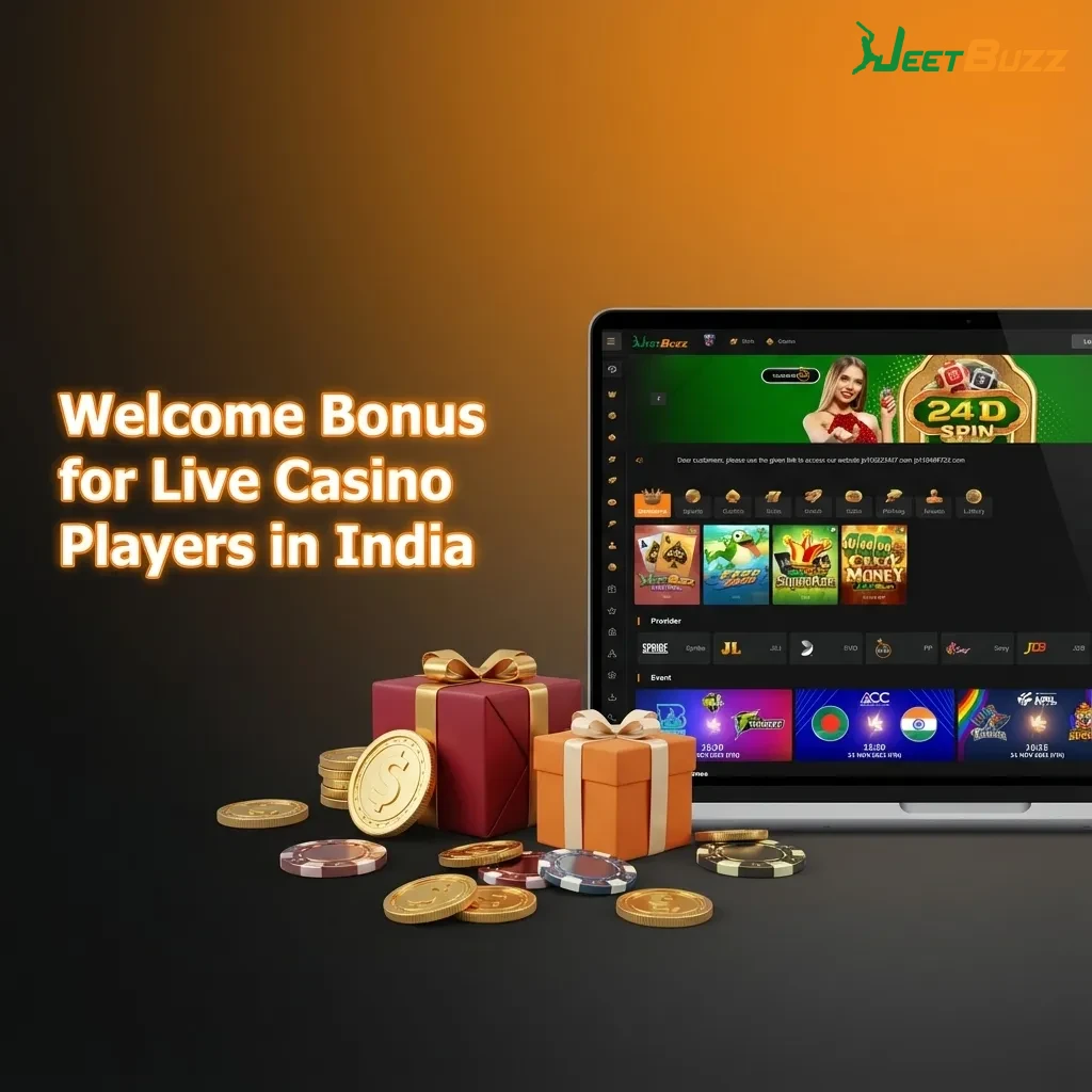 Jeetbuzz India welcome bonus banner showing 7 Lucky Spins, 25% live casino cashback and 50% sports refund offer