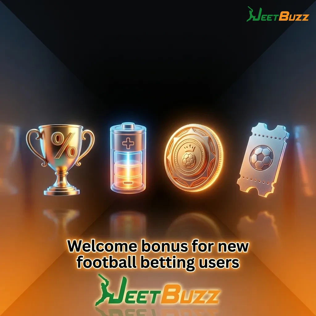 Jeetbuzz welcome bonus banner for new Pakistan users highlighting football betting refund, spins, and cashback offers