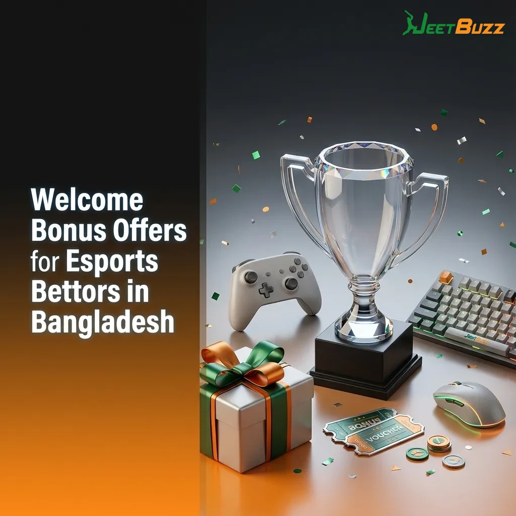 Graphic showing Jeetbuzz Bangladesh welcome bonuses and step-by-step guide to claim esports betting offers