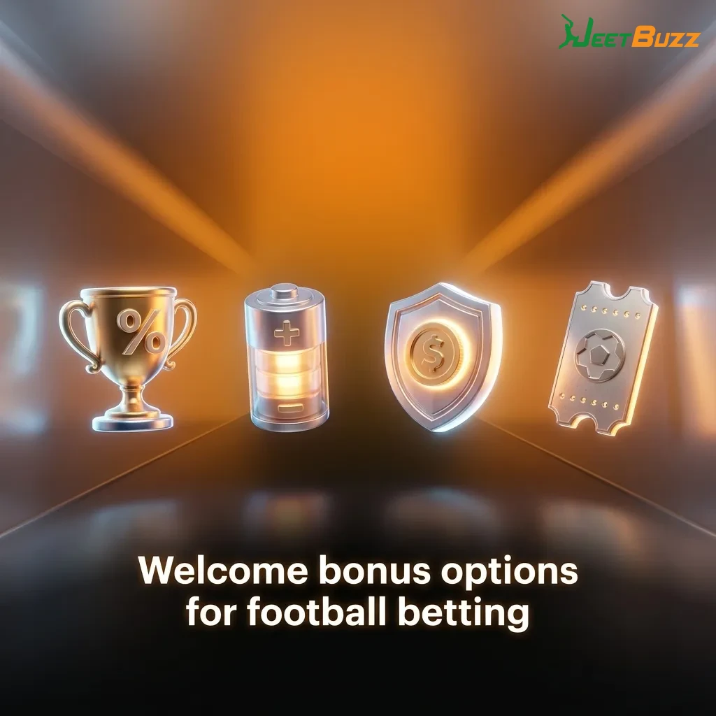 Graphic showing Jeetbuzz football welcome bonuses: 7 free spins, 25% casino cashback, and 50% sports refund for new users.