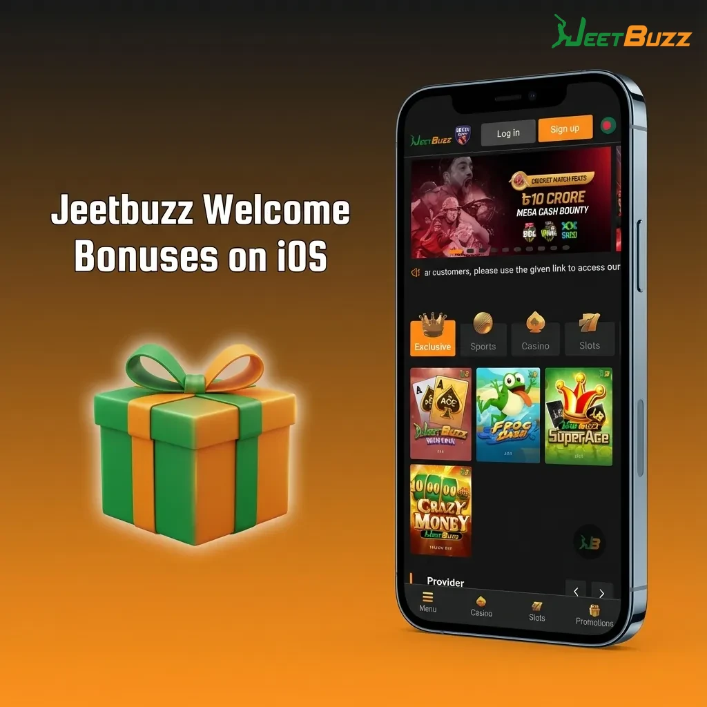 Jeetbuzz iOS welcome bonuses screen showing free spins, cashback, sports refund, and promo terms for Pakistan users