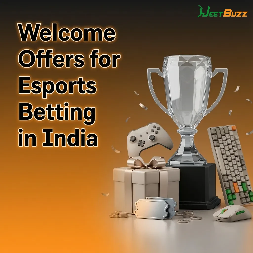 Banner for Jeetbuzz India esports betting welcome offers, showing signup steps, 7 Lucky Spins, cashback, and 50% sports refund.