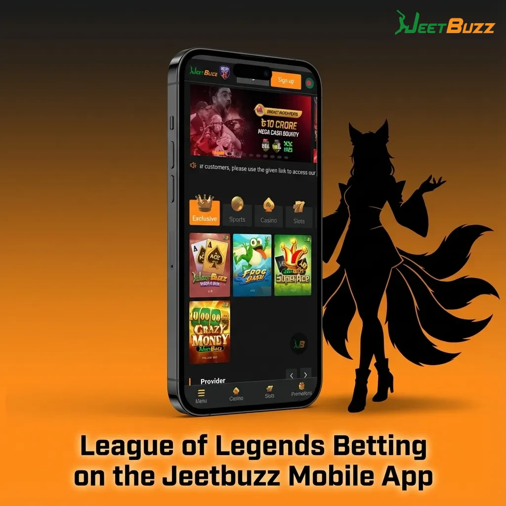 Smartphone showing Jeetbuzz app League of Legends betting screen with live odds and matches for users in Pakistan