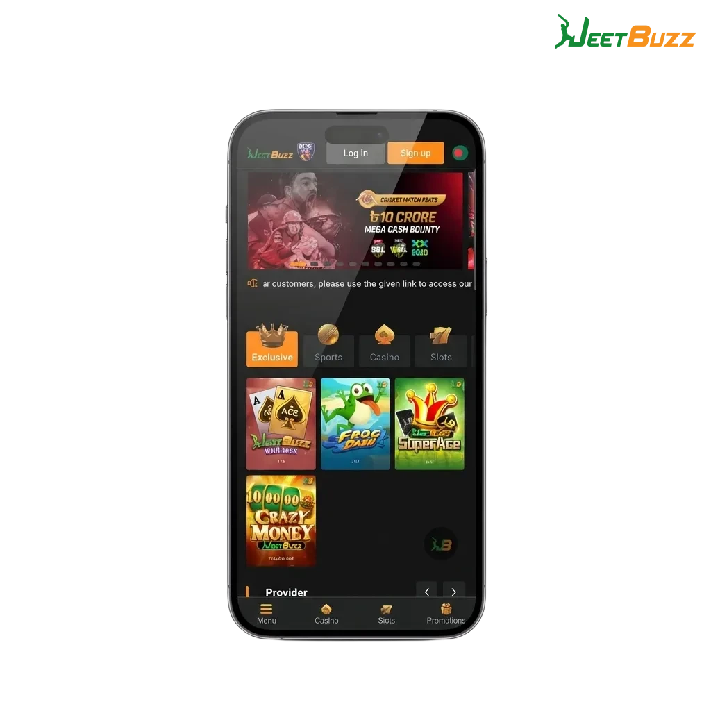 Bangladeshi user holding phone showing Jeetbuzz app with Bangla UI, payment logos and welcome bonus offers on vibrant screen
