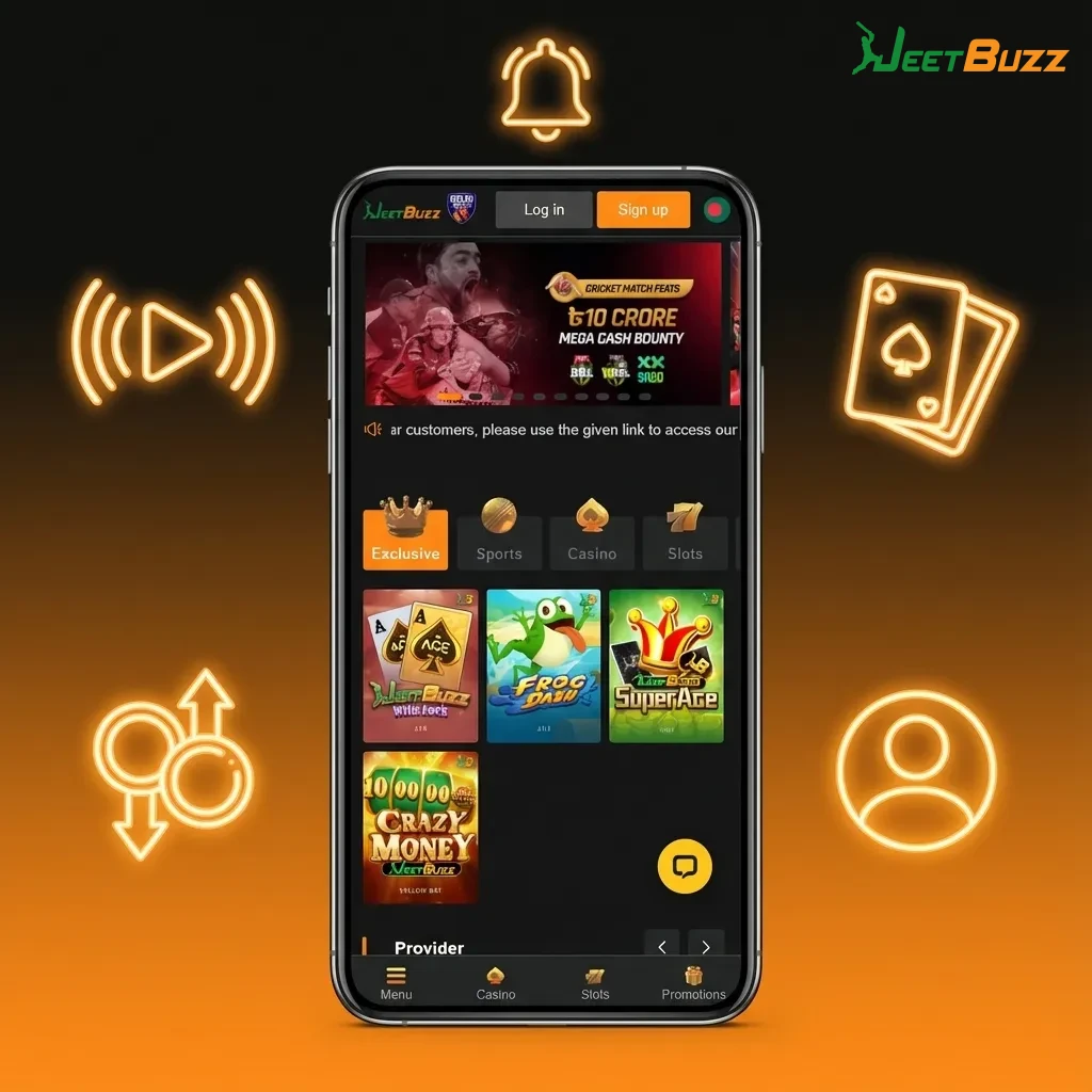 Infographic of Jeetbuzz app features: live sports betting, casino games, fast BDT deposits, withdrawals, profile and alerts