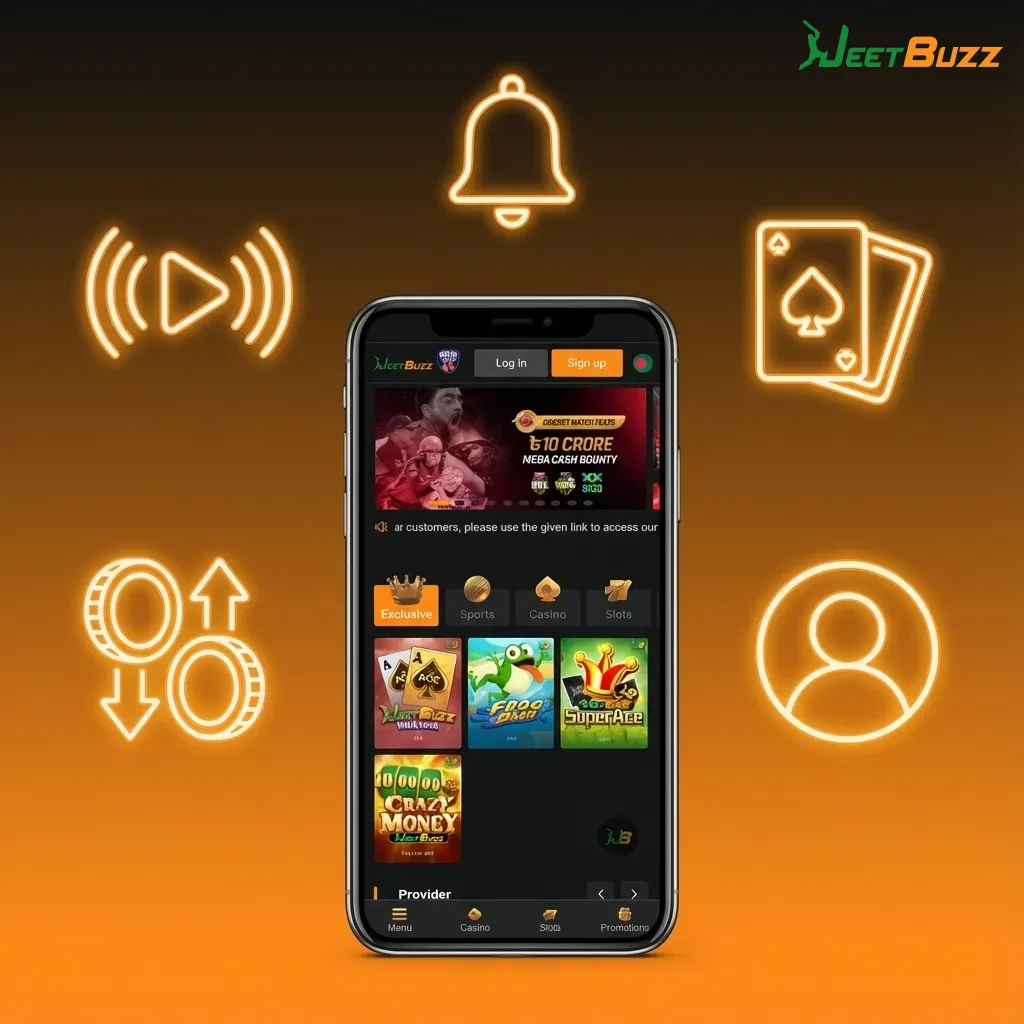Illustration of Jeetbuzz Pakistan app showing live betting, casino games, and PKR banking on a smartphone screen
