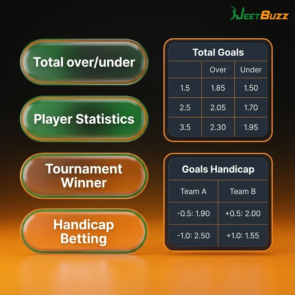 Infographic titled “Main Types of Bets on Jeetbuzz Pakistan” explaining Single, Express, and System bet structures and risk.