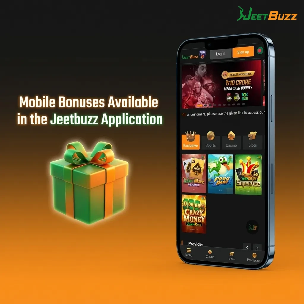 Smartphone screen showing Jeetbuzz app with highlighted mobile bonuses, free spins, cashback, and sports refund offers