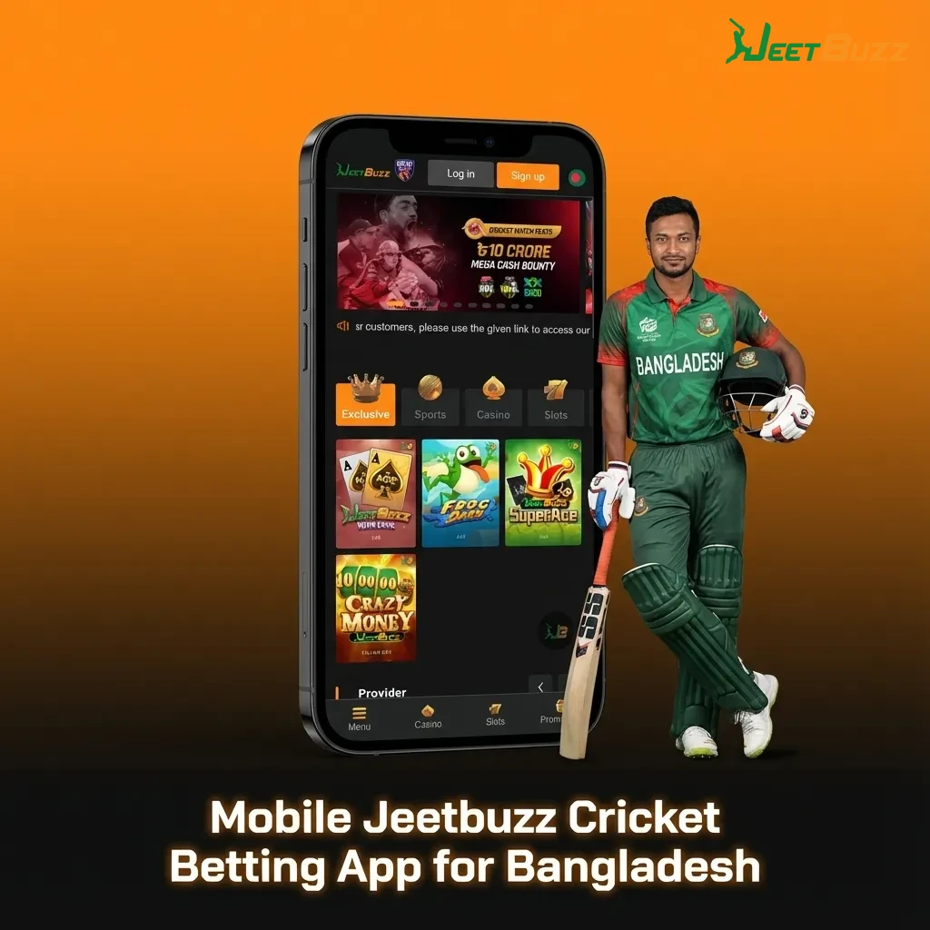 Bangladeshi user holding phone showing Jeetbuzz cricket betting app with live odds and match stats on screen