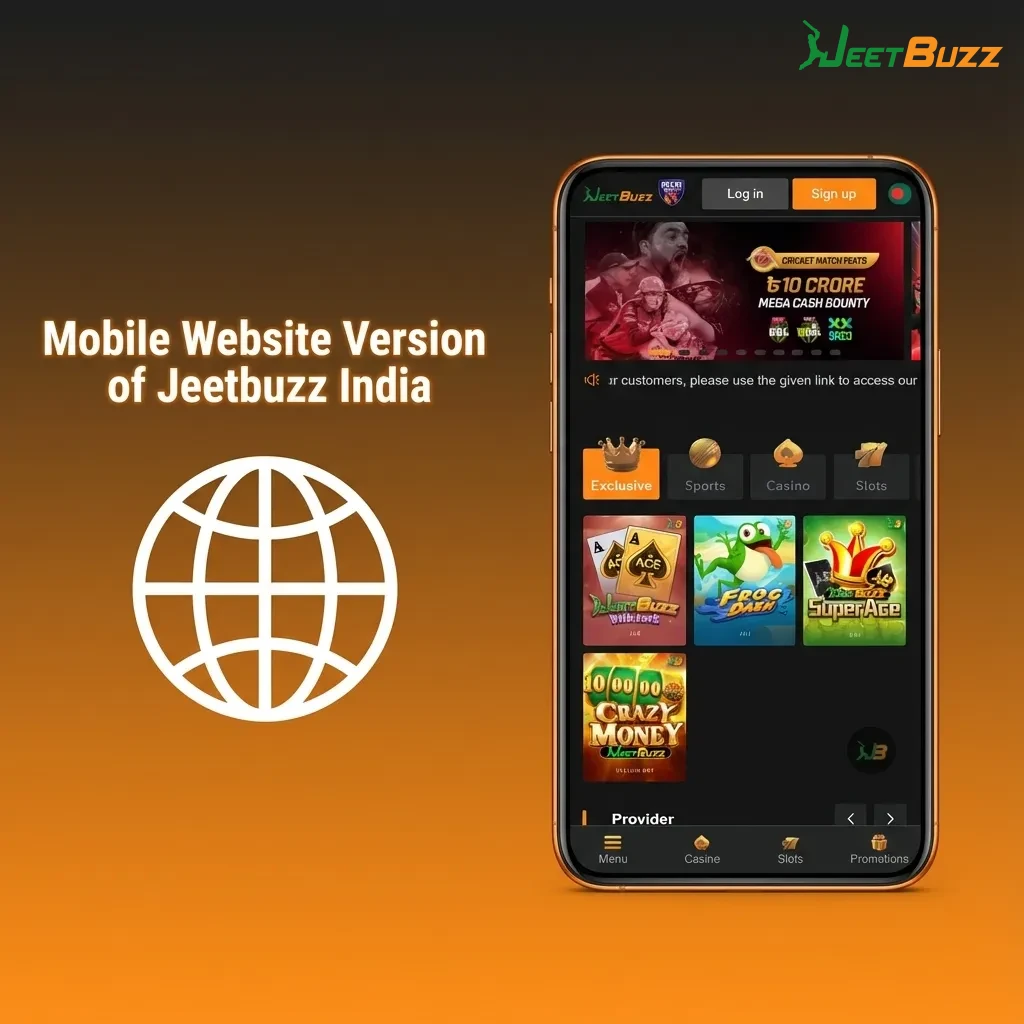 Smartphone showing Jeetbuzz India mobile site with sports bets, casino games, and payment options in a touch-friendly layout