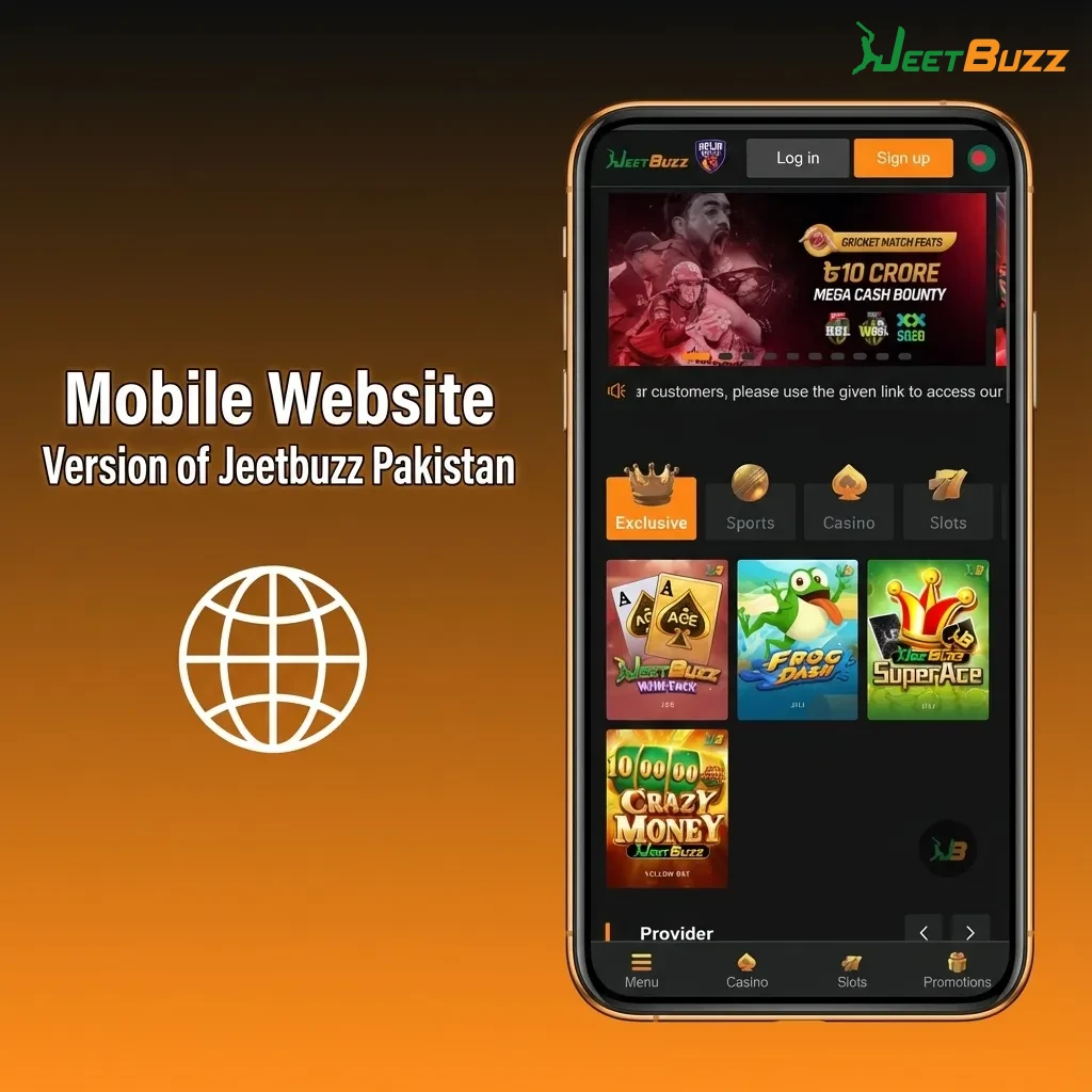 Smartphone screen showing Jeetbuzz Pakistan mobile site with clean menu, large betting buttons, and highlighted betslip panel