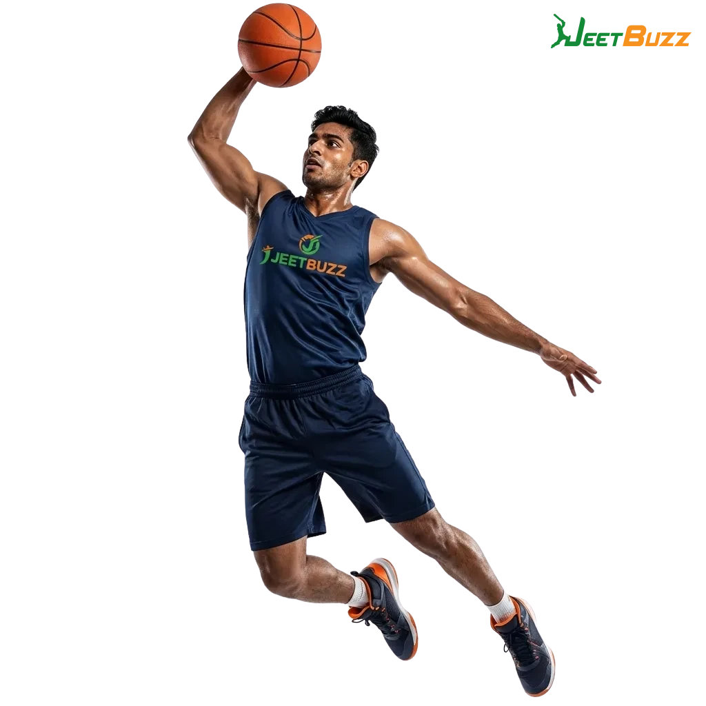 Jeetbuzz India basketball betting interface showing live NBA odds, bet slip, and welcome bonus banner on a laptop screen