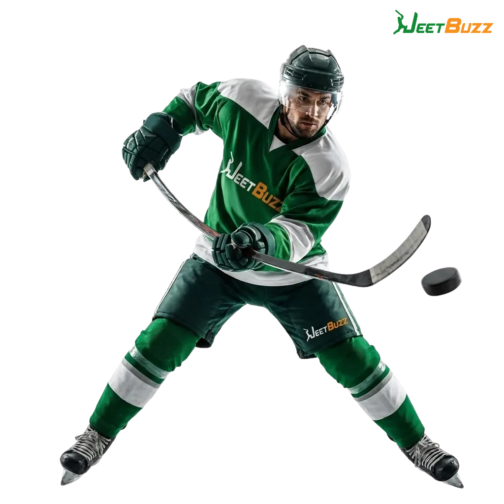 Illustration of online ice hockey betting on Jeetbuzz Pakistan, showing live odds, scores, and mobile and desktop screens