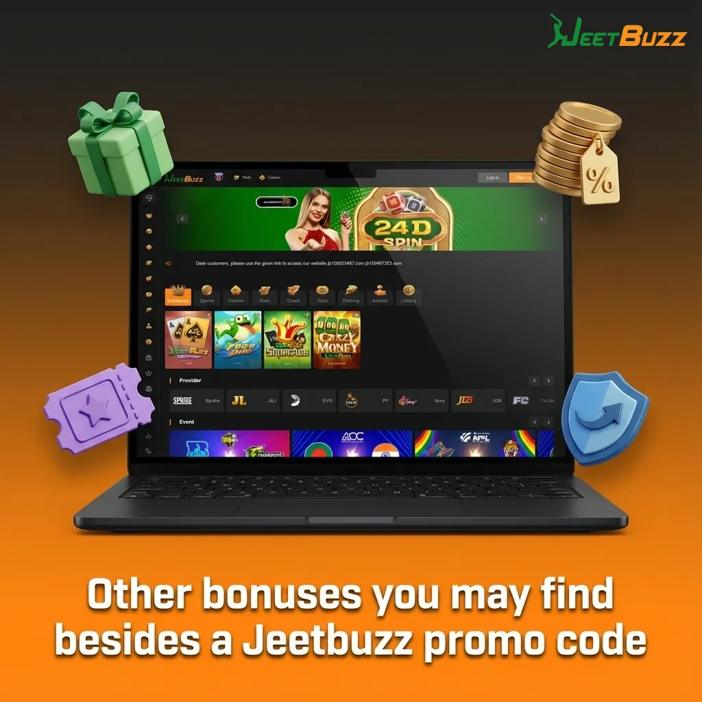 Illustration listing Jeetbuzz bonuses: reload offers, sports cashback, tournaments, VIP rewards, free bets and free spins.