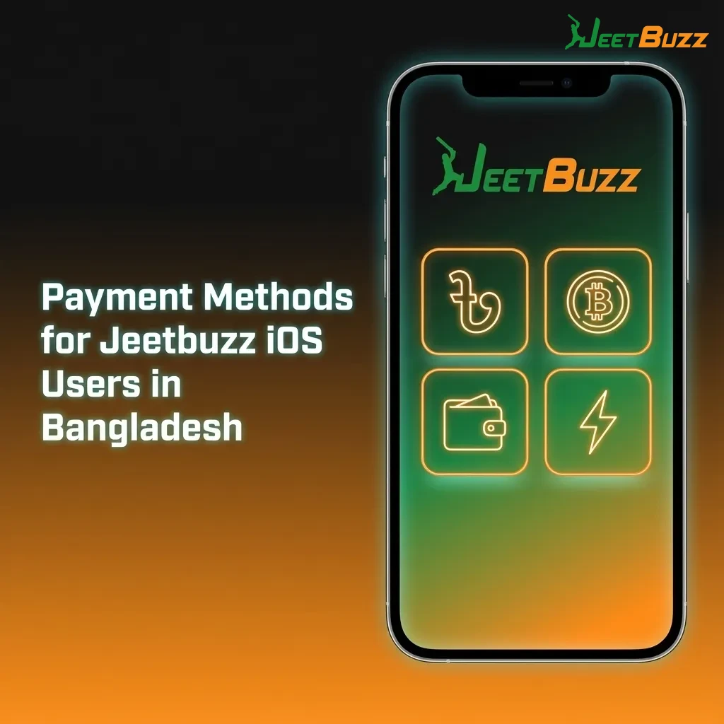 Infographic showing Jeetbuzz iOS payment methods in Bangladesh: bKash, Nagad, Rocket, bank transfer, cards, and e‑wallets