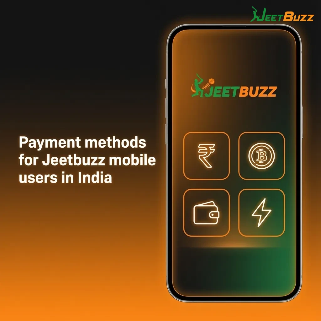 Smartphone screen showing Jeetbuzz payment options: UPI, Paytm, PhonePe, Google Pay, cards and NetBanking in INR
