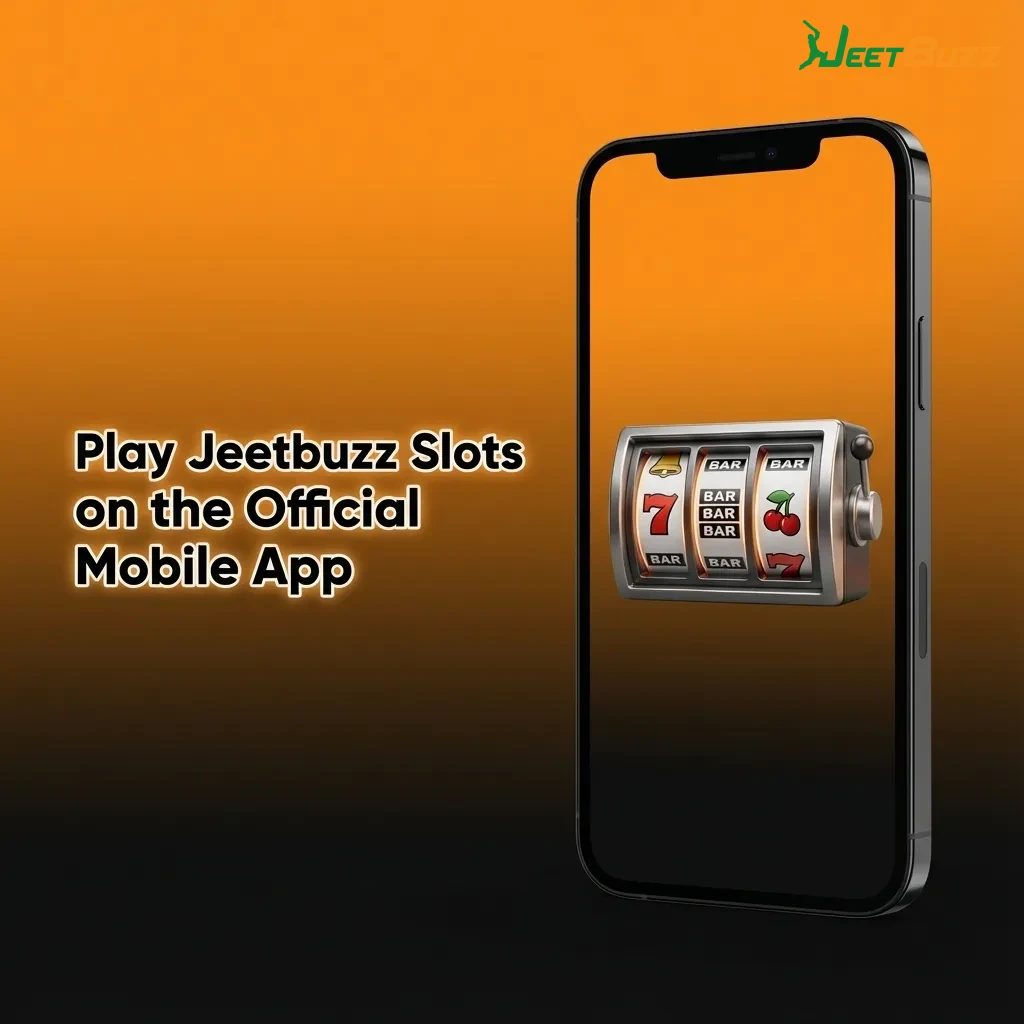 Hand holding smartphone showing Jeetbuzz mobile slots app with slot reels and navigation icons for Slots, Live Casino and Sports.