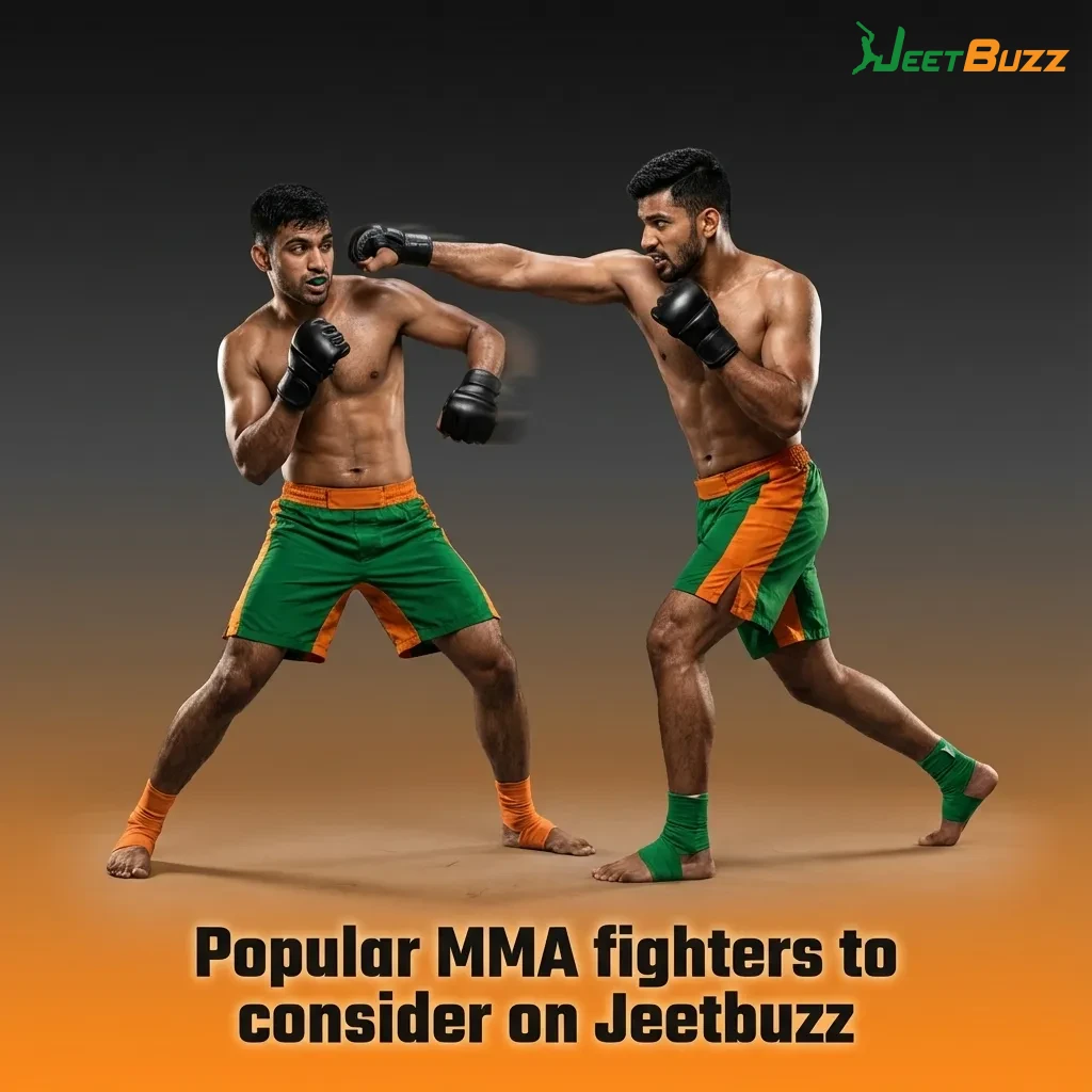 Collage of popular MMA fighters like McGregor, Makhachev, Volkanovski and Jon Jones with Jeetbuzz betting interface