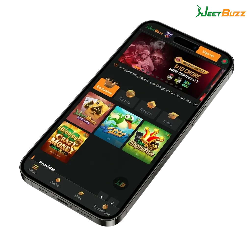 Smartphone screen showing Jeetbuzz app for Pakistan players with bonuses, slots, fishing, live casino, table games and sports betting