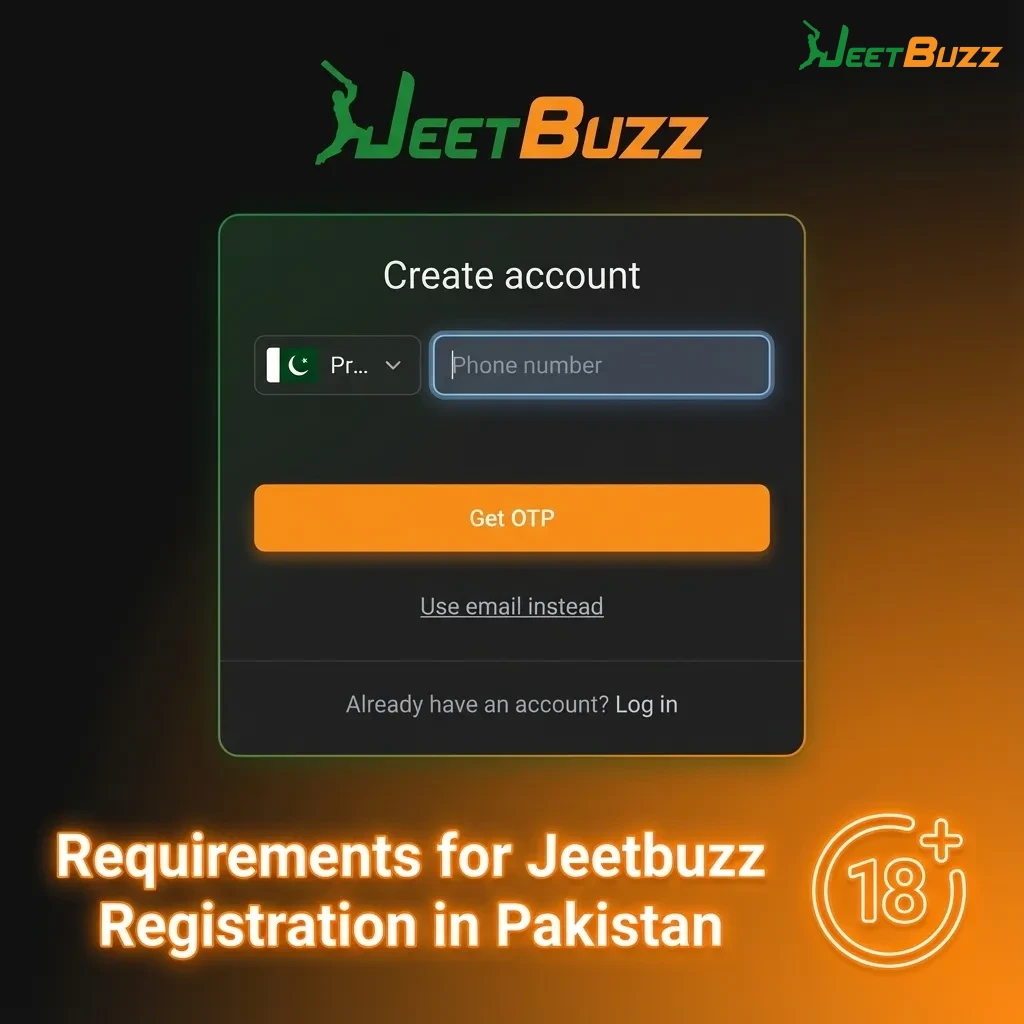 Infographic listing Jeetbuzz Pakistan signup rules: 18+, real details, one account, valid ID, legal and personal use only.