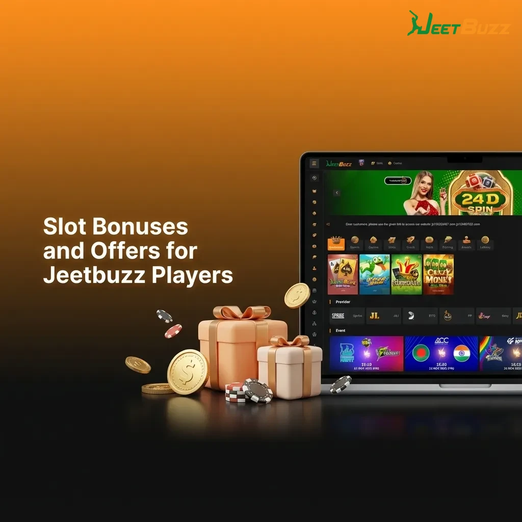 Colorful Jeetbuzz slot bonus banner showing welcome bonus, reload offers, cashback, free spins, and VIP rewards for Indian players