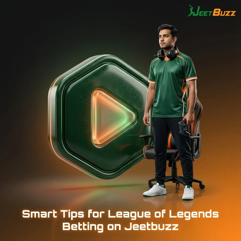 Infographic: smart League of Legends betting tips on Jeetbuzz, showing bankroll, research, drafts, and avoiding losses
