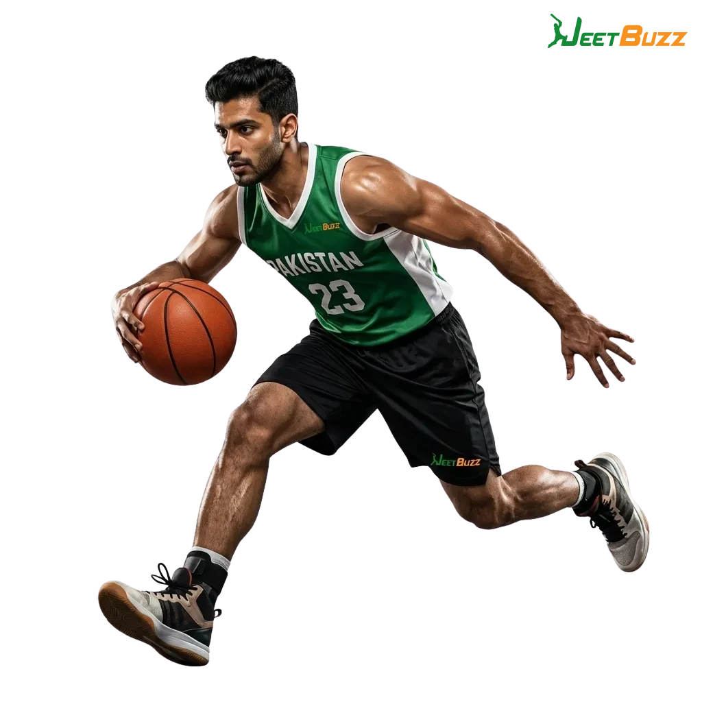 Smartphone screen showing Jeetbuzz Pakistan app with sports, casino games, and live betting options highlighted