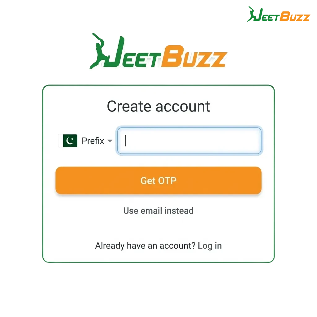 Illustration of Jeetbuzz Pakistan account setup with login form, mobile app, and casino, sports betting, and slots icons