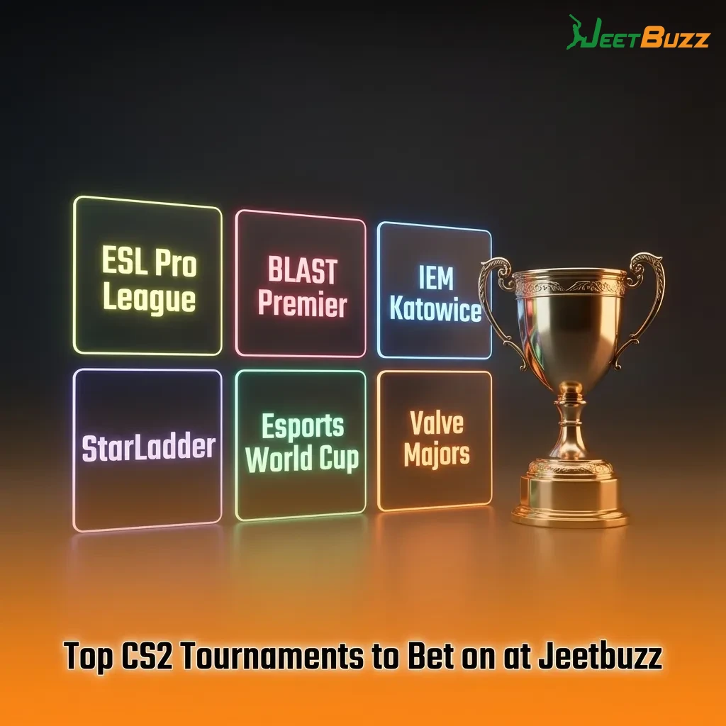 Graphic highlighting top CS2 tournaments to bet on at Jeetbuzz, with logos and icons for Majors, ESL, BLAST, IEM, and more