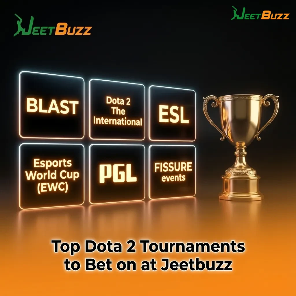 Graphic highlighting top Dota 2 tournaments to bet on at Jeetbuzz, including TI, ESL, BLAST, PGL, EWC, and FISSURE