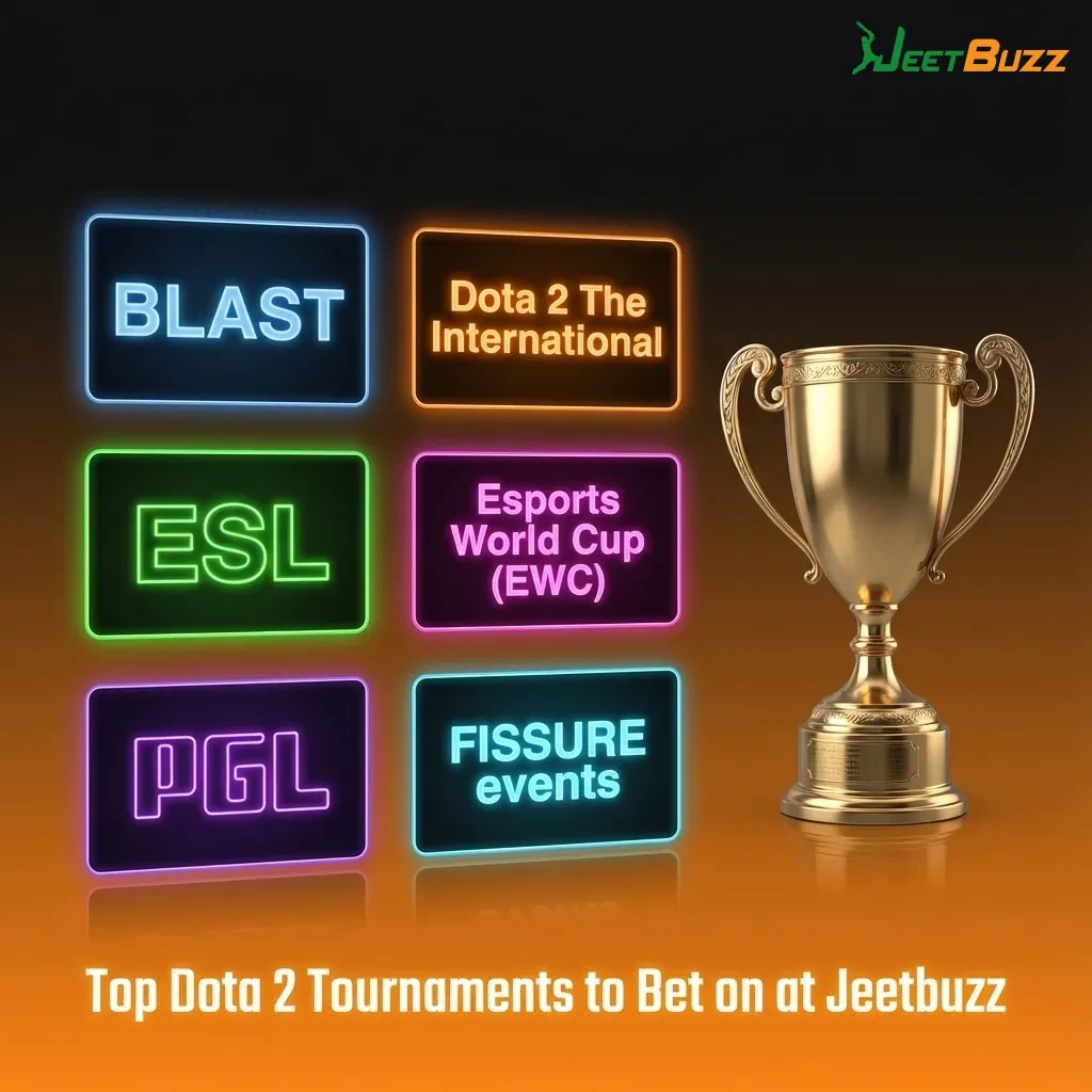 Graphic listing top Dota 2 tournaments to bet on at Jeetbuzz, including TI, BLAST, ESL, EWC, PGL, and FISSURE