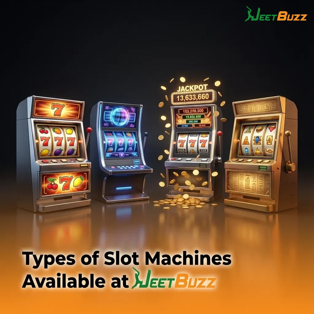 Colorful Jeetbuzz lobby screen showing icons for classic, video, Megaways, jackpot, crash, and themed slot games