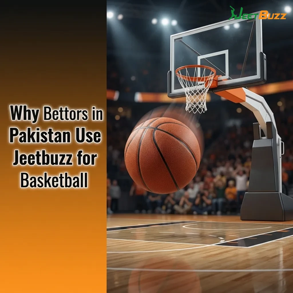 Graphic promoting Jeetbuzz basketball betting in Pakistan, showing rupee currency, leagues list, mobile app, and stats icons