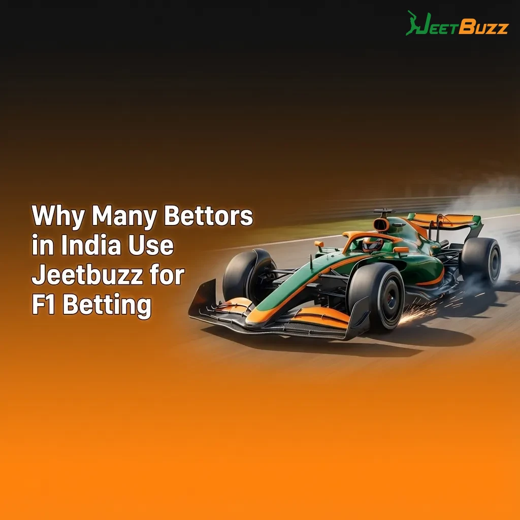 Indian bettor using Jeetbuzz F1 betting app on smartphone, showing race markets, live odds, and local INR payment options